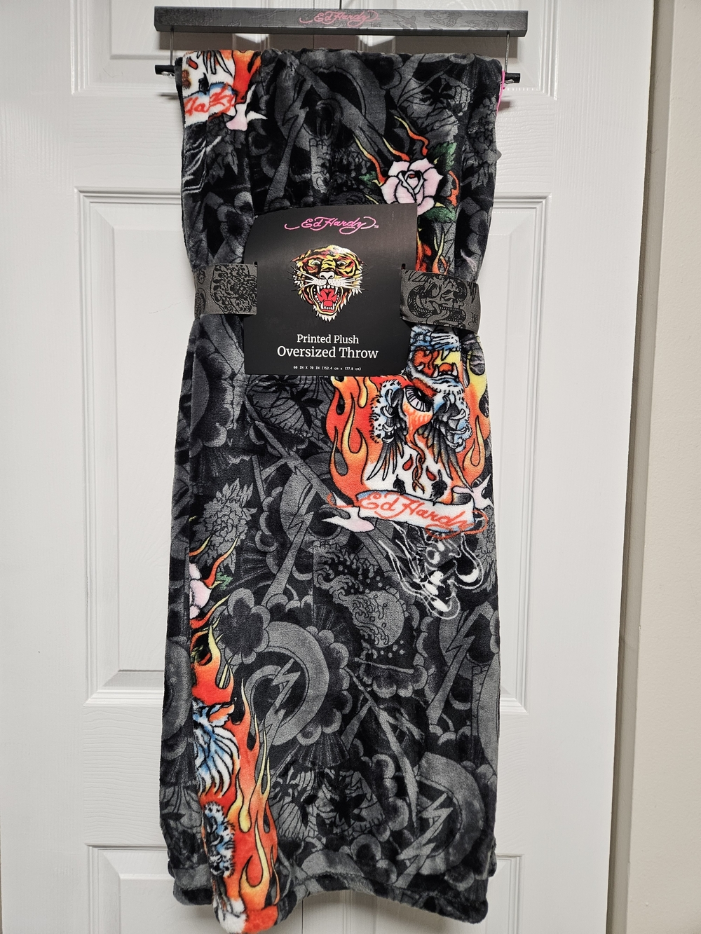 Ed Hardy Black Plush Throw with Orange, Red & Pink Tattoo Motifs Skull Flames
